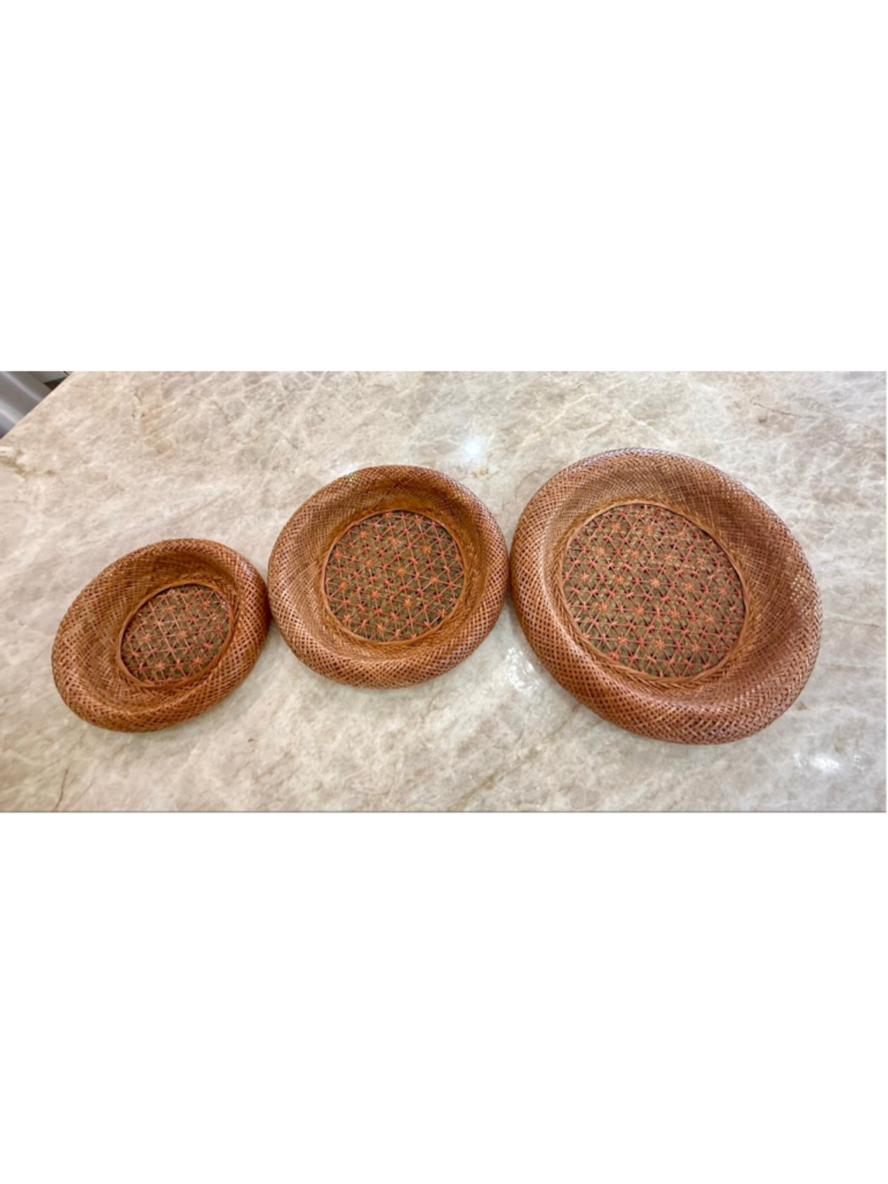 Vintage Japanese Brown Woven set of 3. Green split woven base.